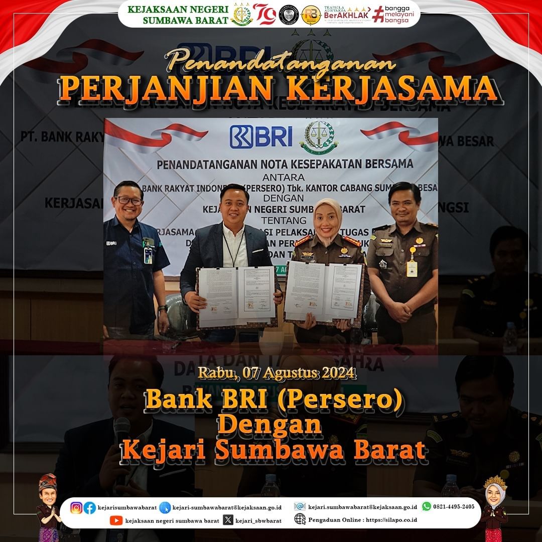 PENANDATANGANAN PERJANJIAN KERJASAMA BANK BRI (Persero) DENGAN KEJARI SUMBAWA BARAT